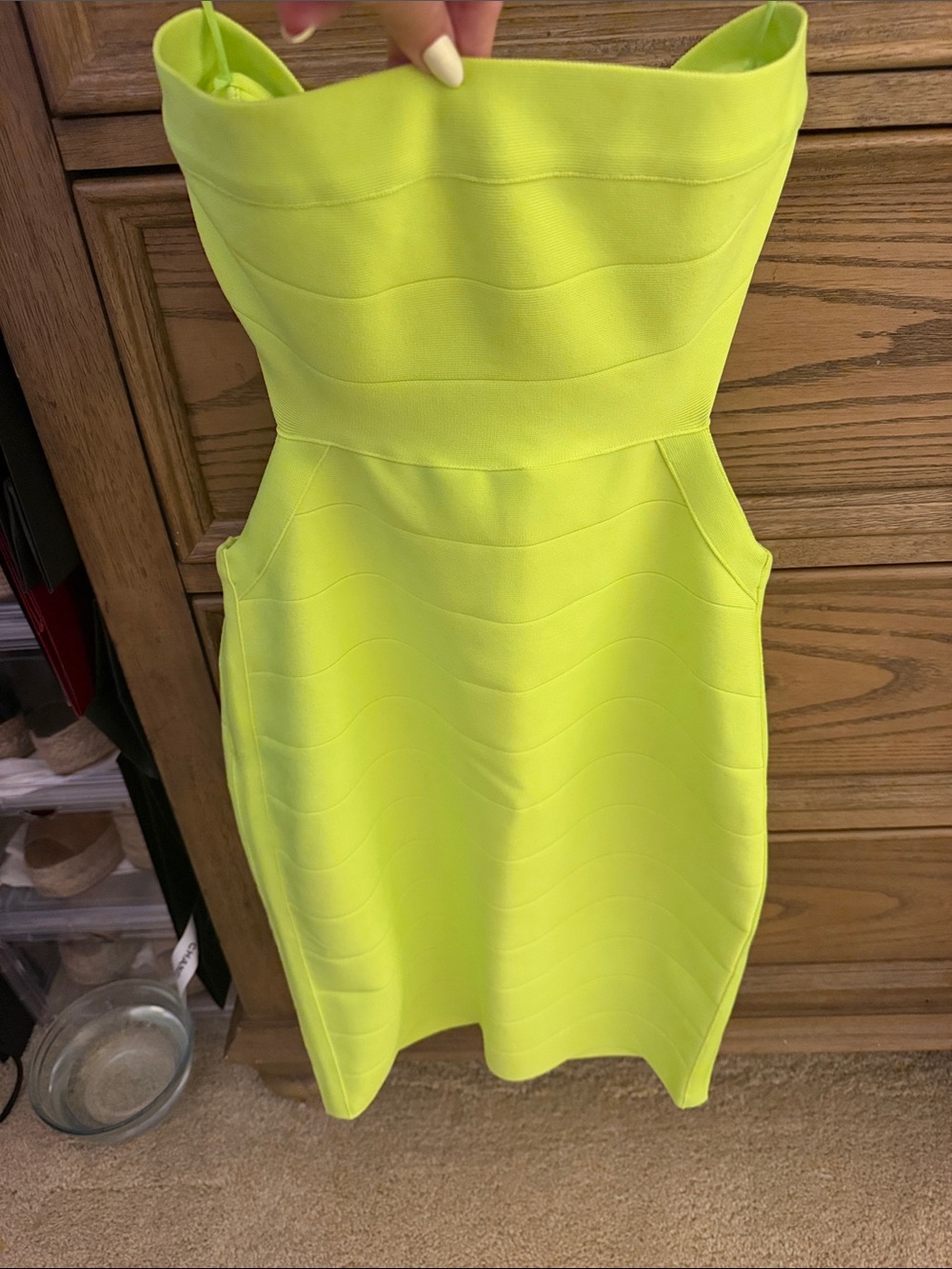 Susana Monaco Strapless Neon Lime Bandage Dress with Wave Seams